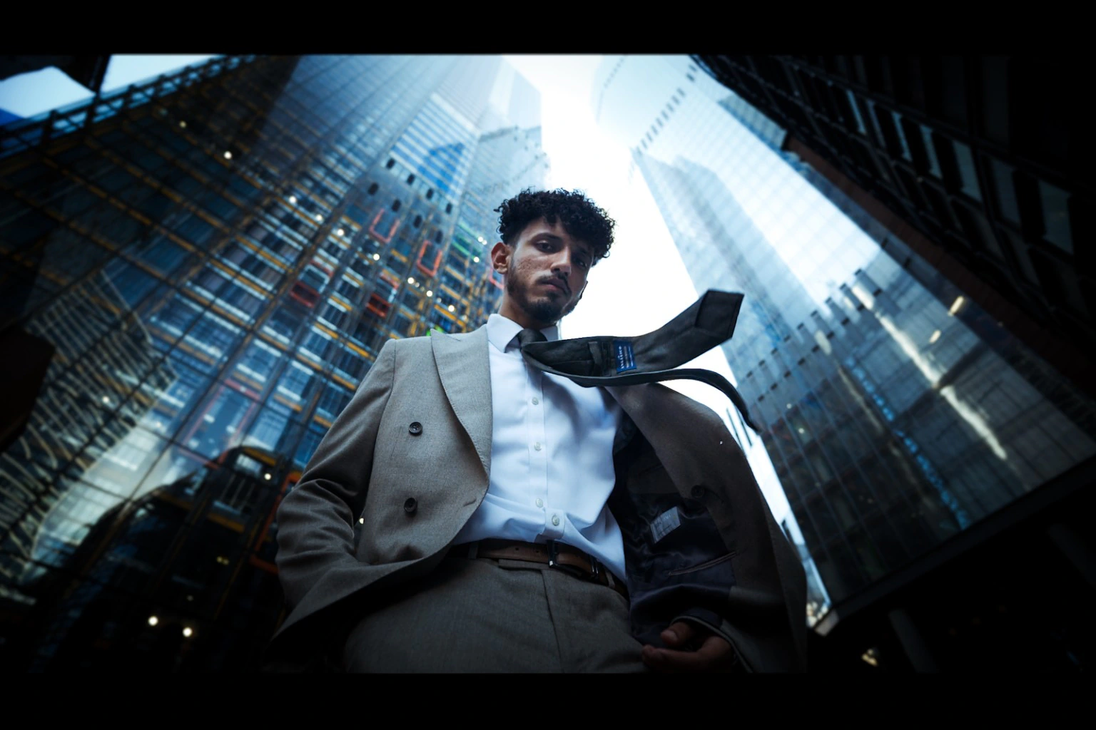 Man in a suit standing among glass towers, photographed from below