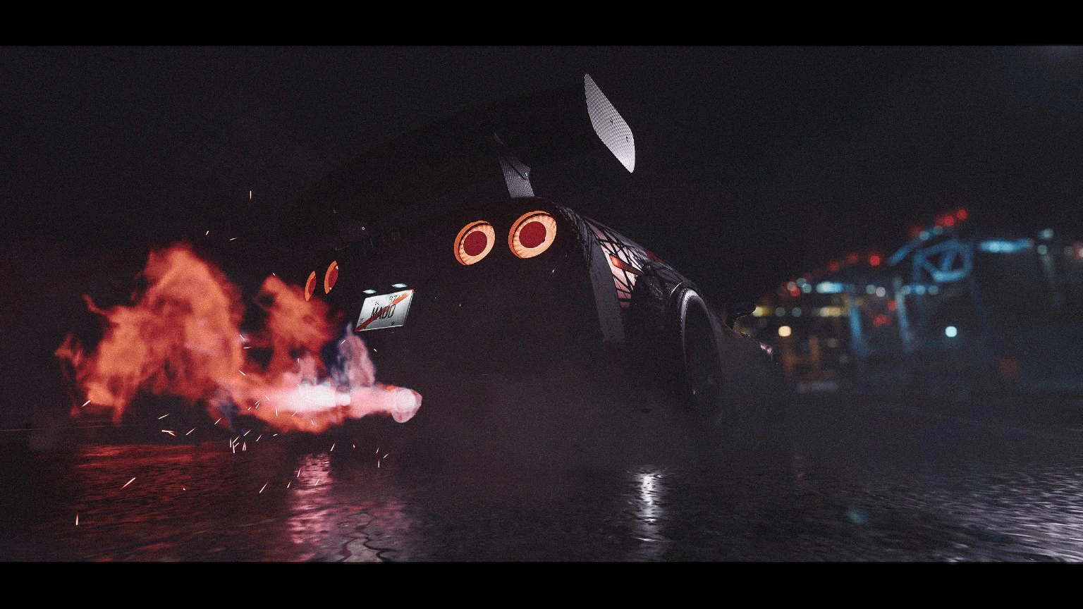 Sports car launching flames from its exhaust at night