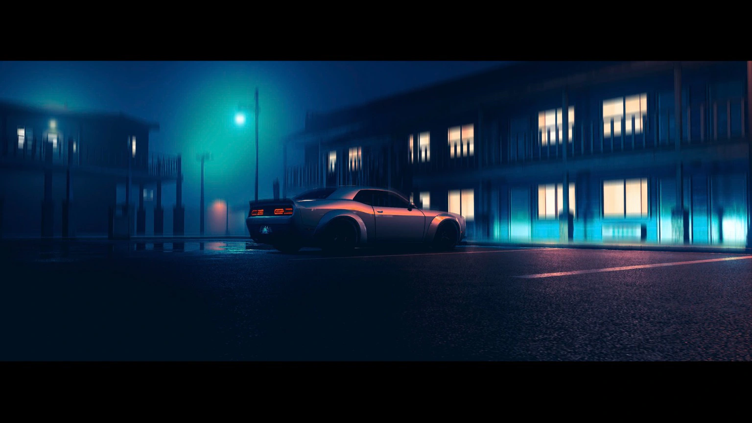 Muscle car parked in blue fog outside a modern building