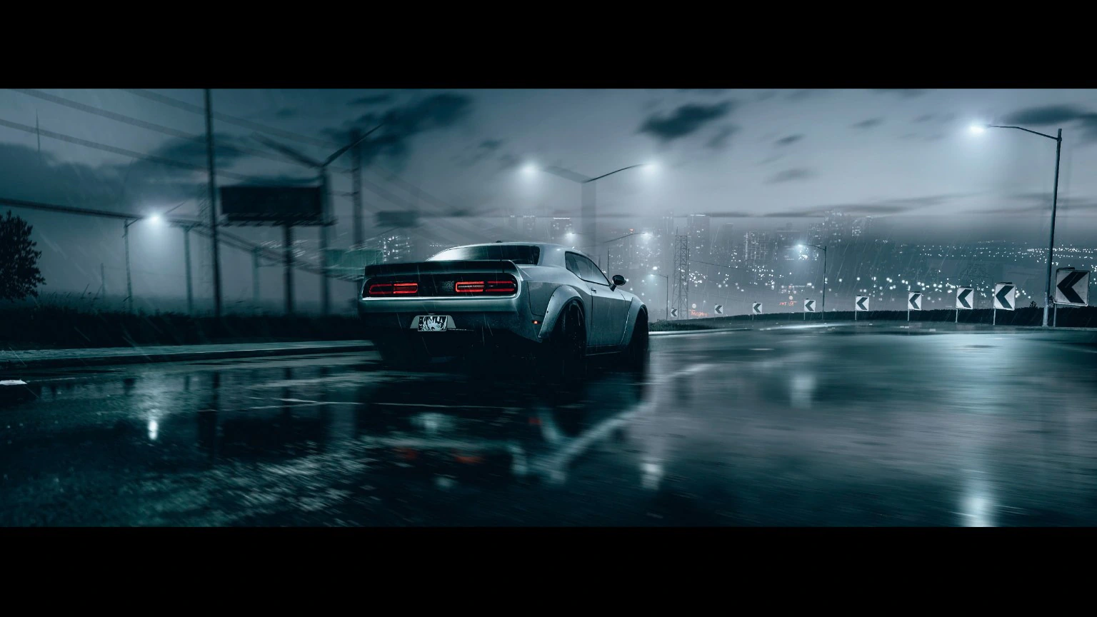 Muscle car on a rain-soaked road overlooking a misty city