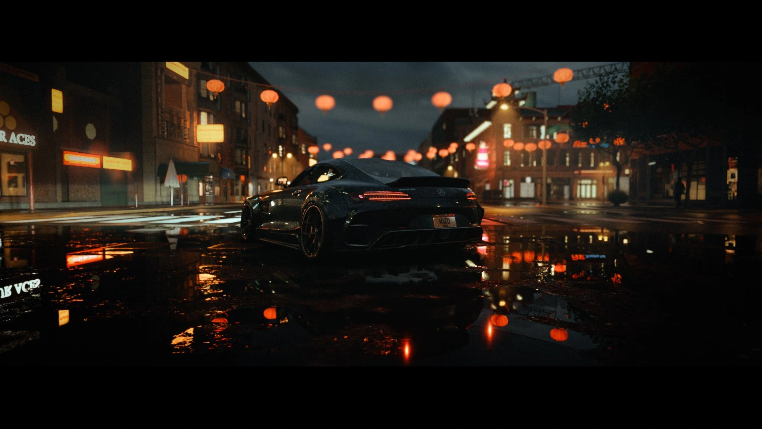 Black coupe reflected in a lantern-lit wet street