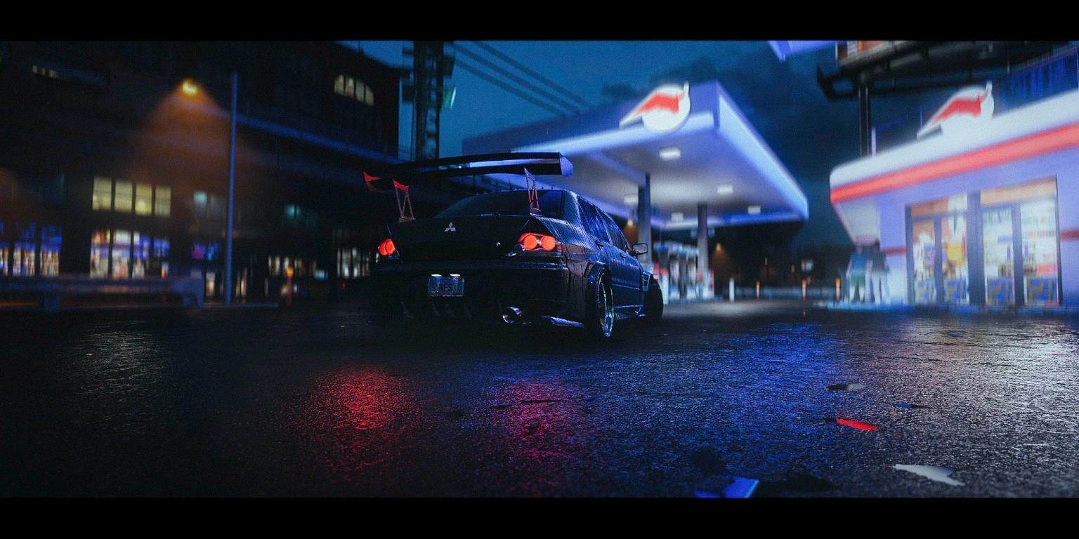 Modified car at a neon-lit petrol station in the rain