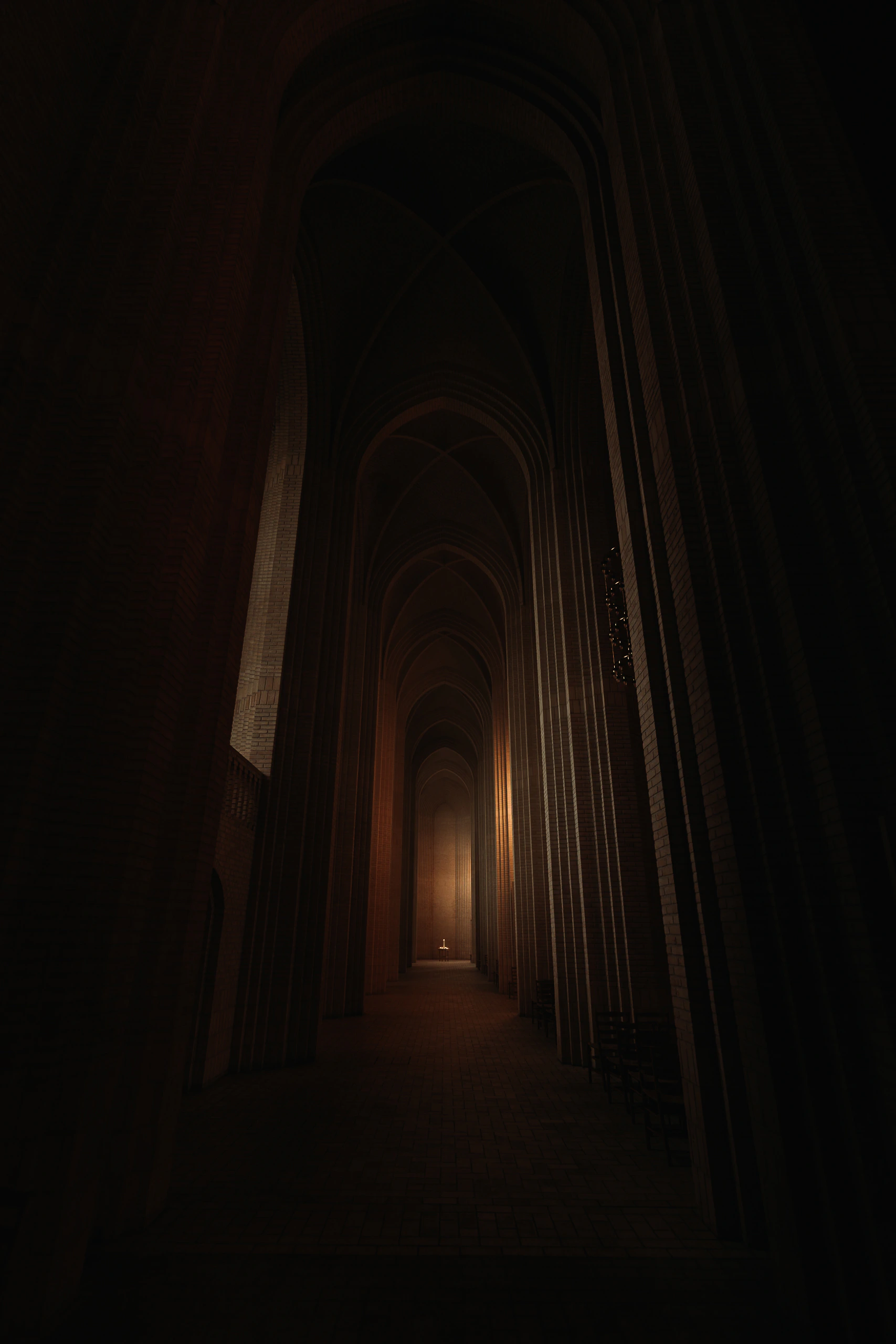 A shadowed side aisle receding through tall arches towards a distant light