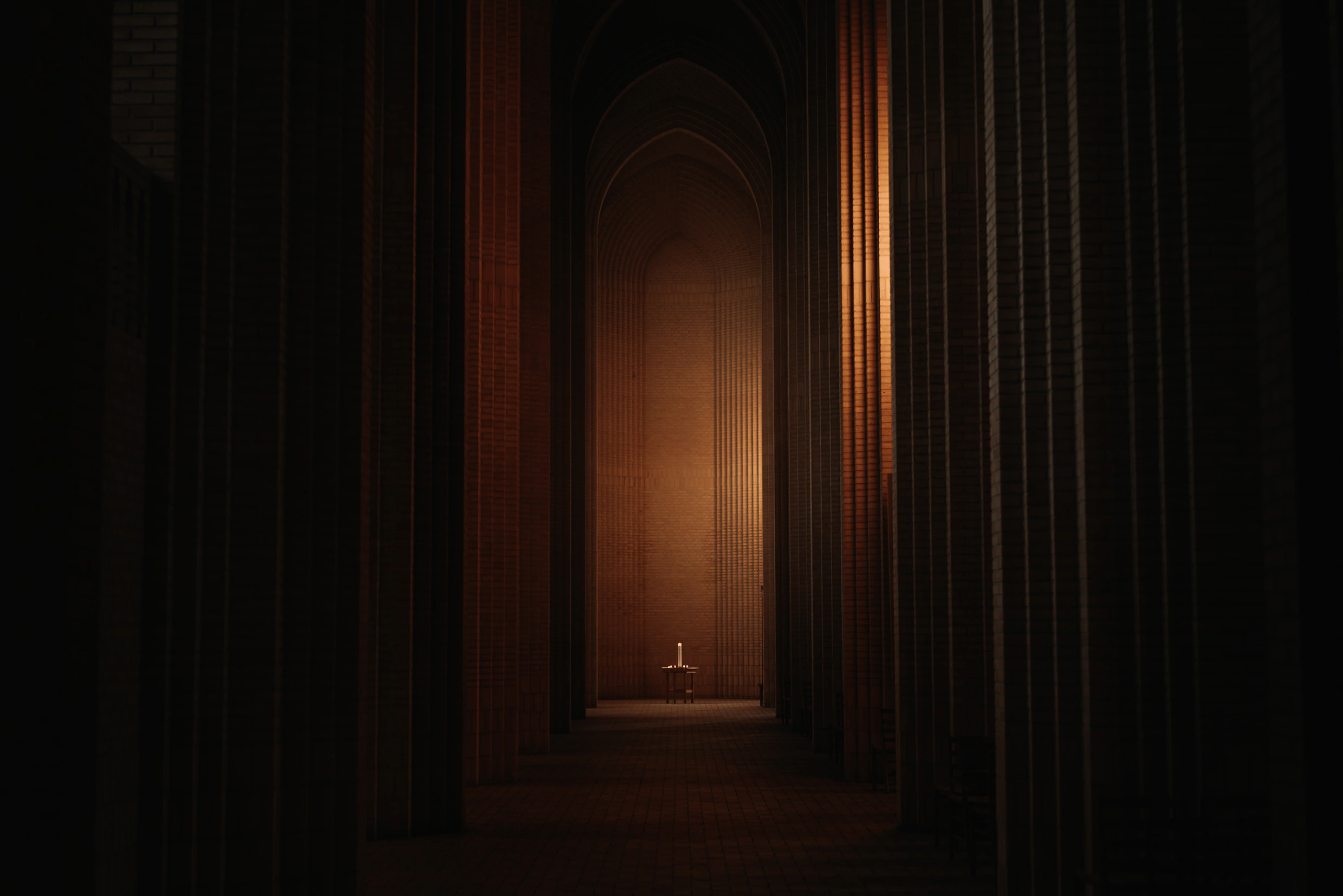 A candlelit table at the end of a deep brick arcade