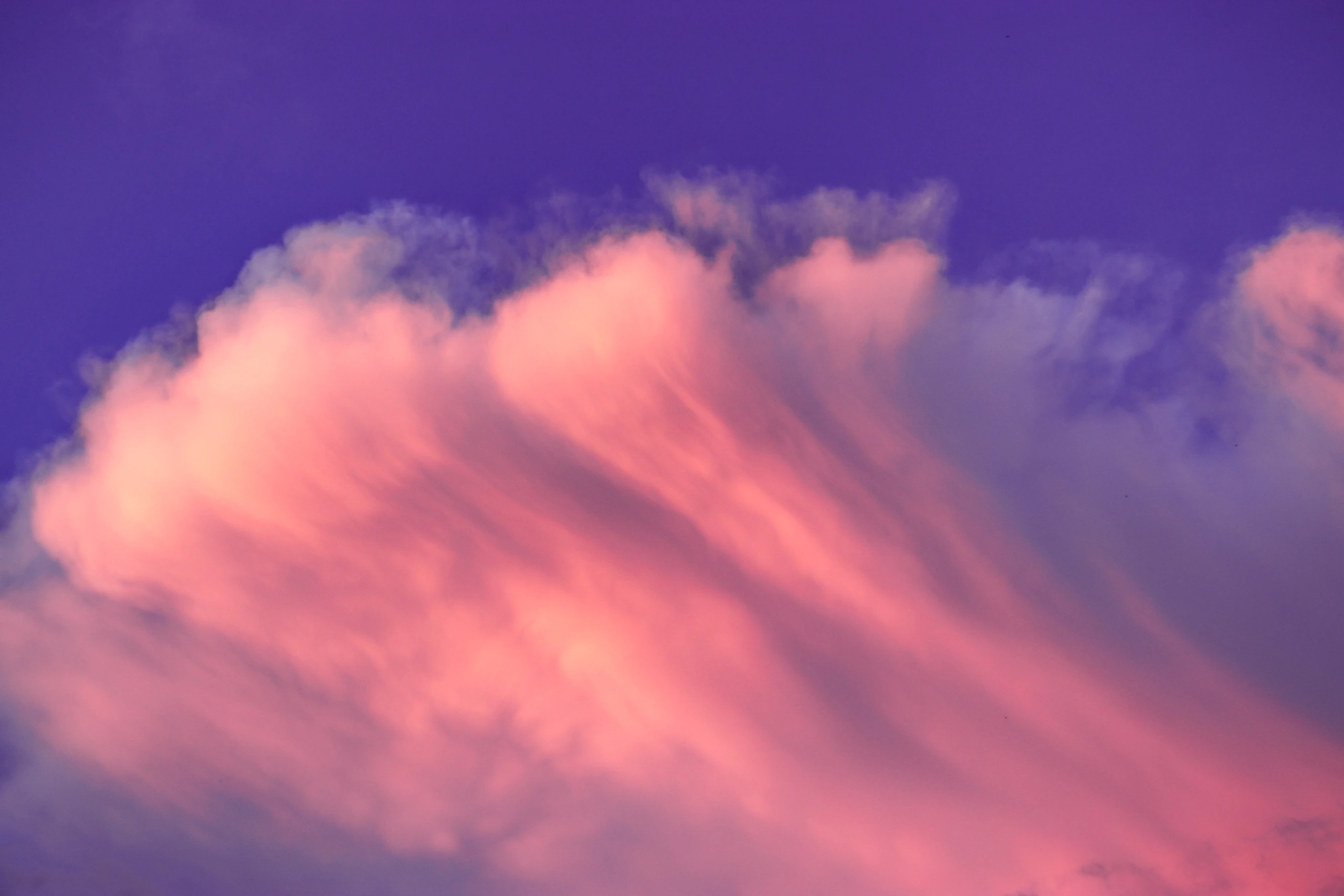 A pink cloud glowing beneath a saturated violet evening sky