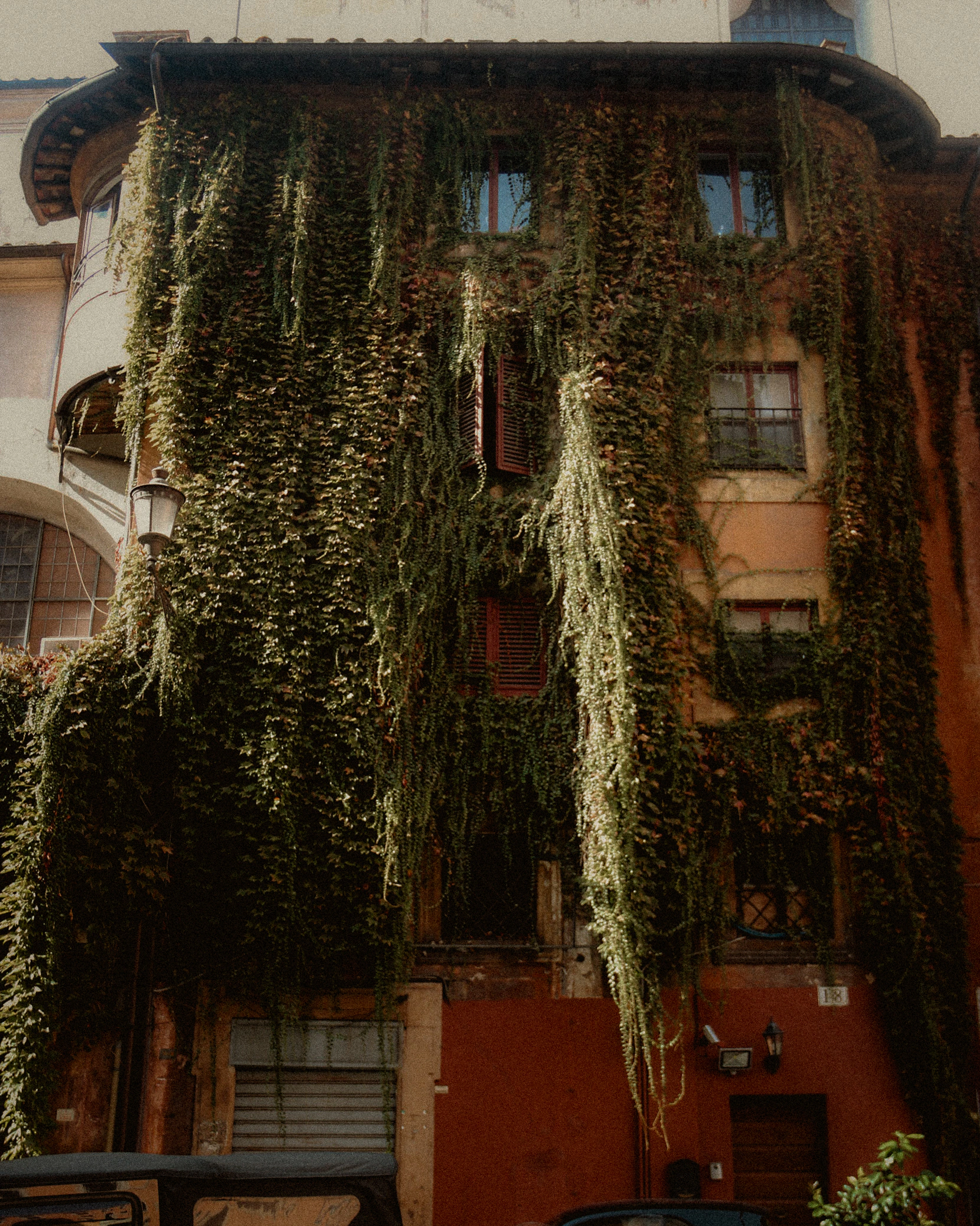 A Roman building almost completely covered by trailing green ivy