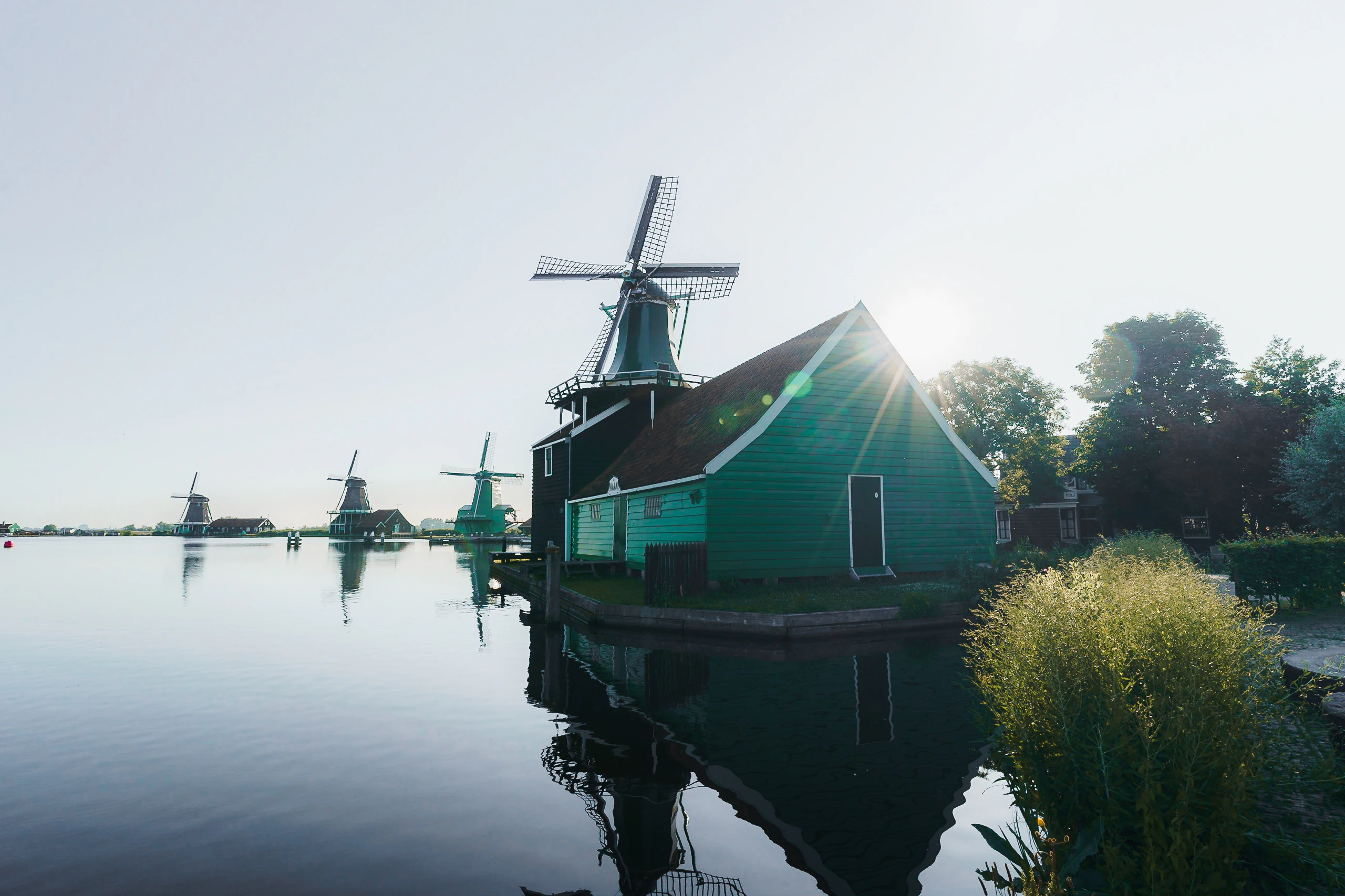 A green mill house and distant windmills in bright morning light