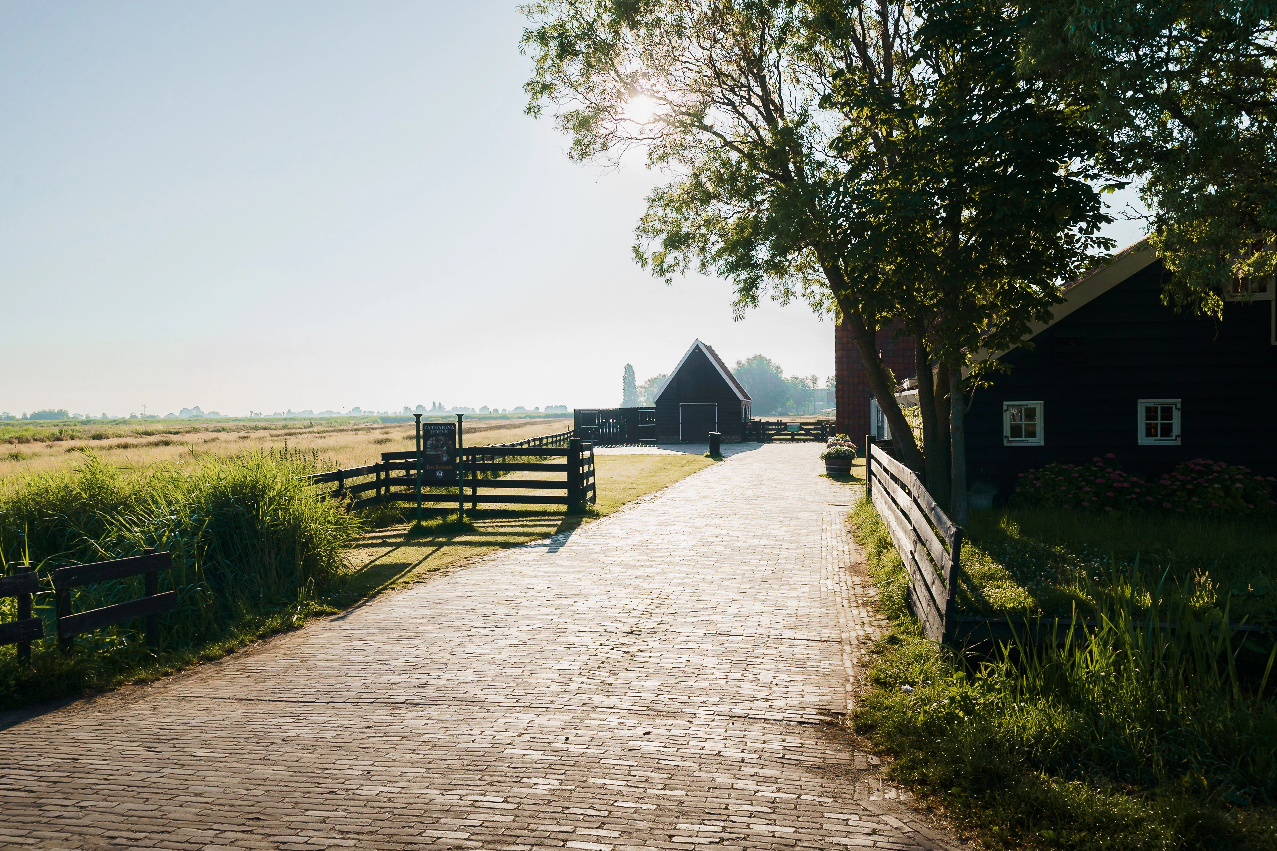 A sunlit brick lane leading between fields and dark timber houses