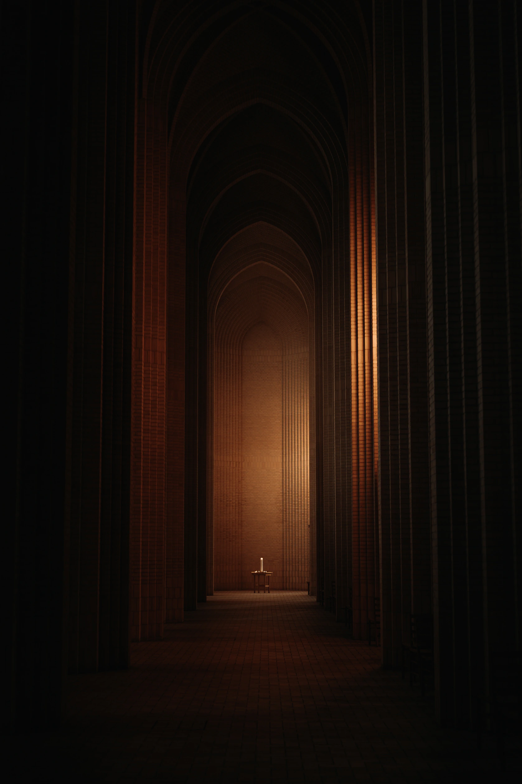 A dark vaulted church interior illuminated by warm light
