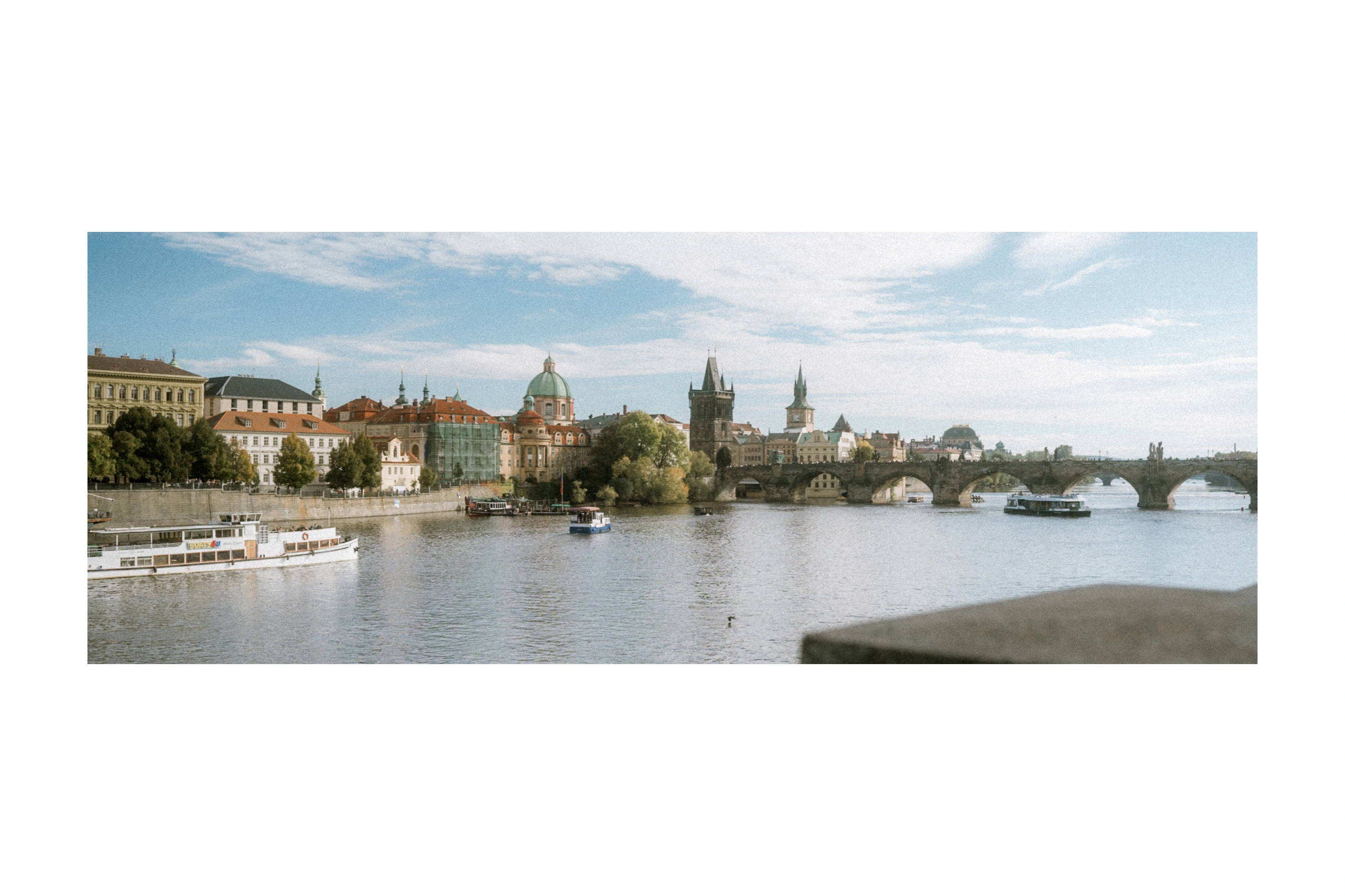 Prague skyline and Charles Bridge beside the river